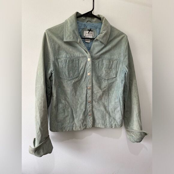 Authentic vintage genuine suede leather light blue green teal jacket coat - Picture 2 of 10